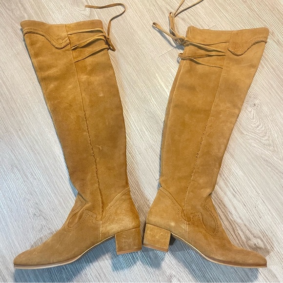 ZARA TAN SUEDE OVER THE KNEE  TALL BOOTS SIZE 38 - Picture 3 of 17